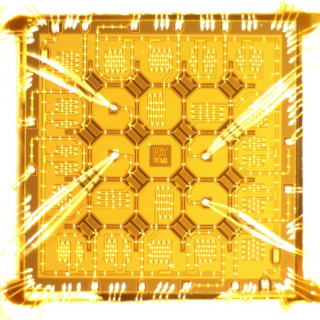 A photo of a superconducting quantum hip with 16 qubits.