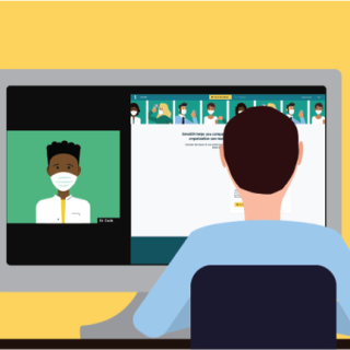 an illustration of the back of a man's head looking at a computer screen. on the screen is a doctor appearing to video-chat with the man. 