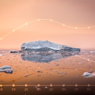 A photo of an iceberg with a soft yellow sky in the background. A line graph is overlaid on the image.