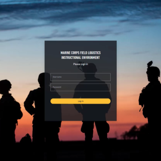 This image shows the login screen for the MCFLIE serious game. Three soldiers are silouetted against a sunset in the background. The foreground has the login page.