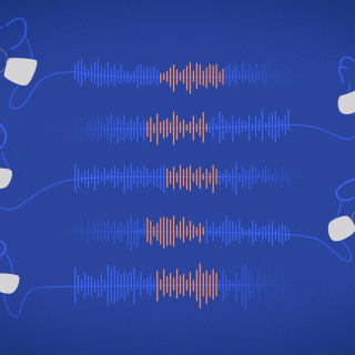An artistic illustration of speech signals moving back and forth between speakers wearing masks. 