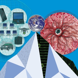 An illustration shows an iceberg with the earth balanced at the tip. To the left in a blue orb are digital systems, from fighter jets to smartwatches to cellphones. To the right is a red orb with an abstract eye emerging from a virus.