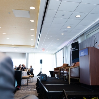 Evelyn Wang, MIT Vice President for Energy and Climate, presents from the a podium at the front of a room of attendees.