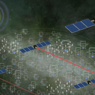 A concept illustration of Go-LoW showing multiple small satellites collected in space. 