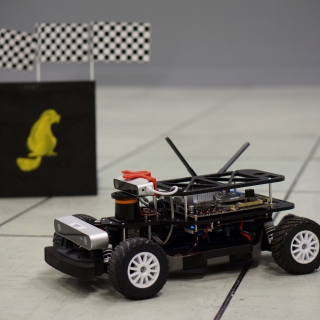 Students in the Autonomous RACECAR  Grand Prix course program the software to control the camera, lidar, sensors, and embedded processing for the robot pictured.