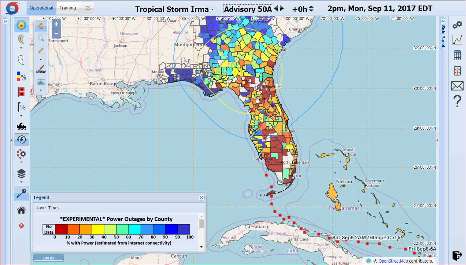 A color-coded map integrated into the HV-X interface shows estimated percentages of power outages as Hurricane Irma makes it way up the Florida peninsula. Photo courtesy of the researchers.
