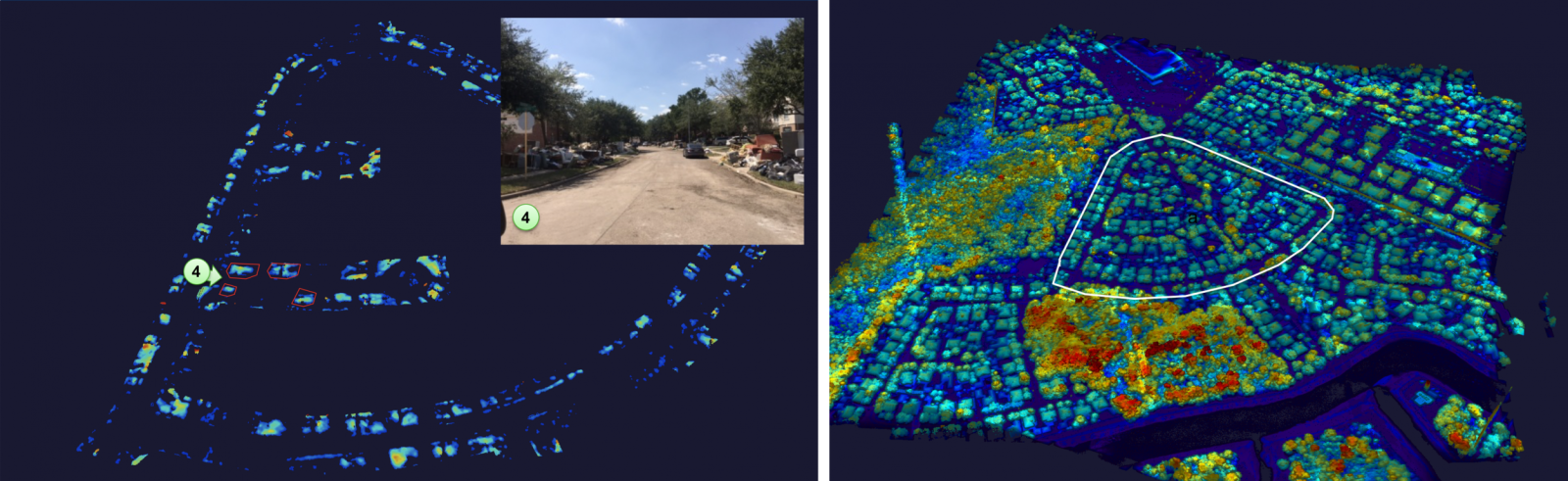 On the left is an Airborne Optical Systems Test Bed 3D ladar image of a Houston suburb. The processed image on the right shows a zoomed-in view, with the houses, foliage, road, and background elements filtered out to reveal piles of debris.