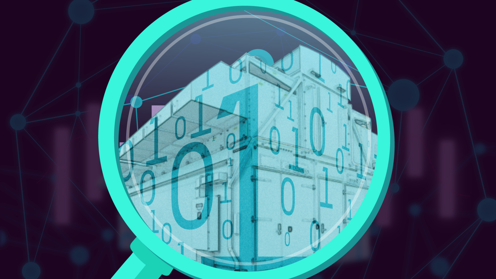 An illustration of the exterior of a datacenter, with 1s and 0s overload on top of it. The image is encircled by a large magnifying glass.