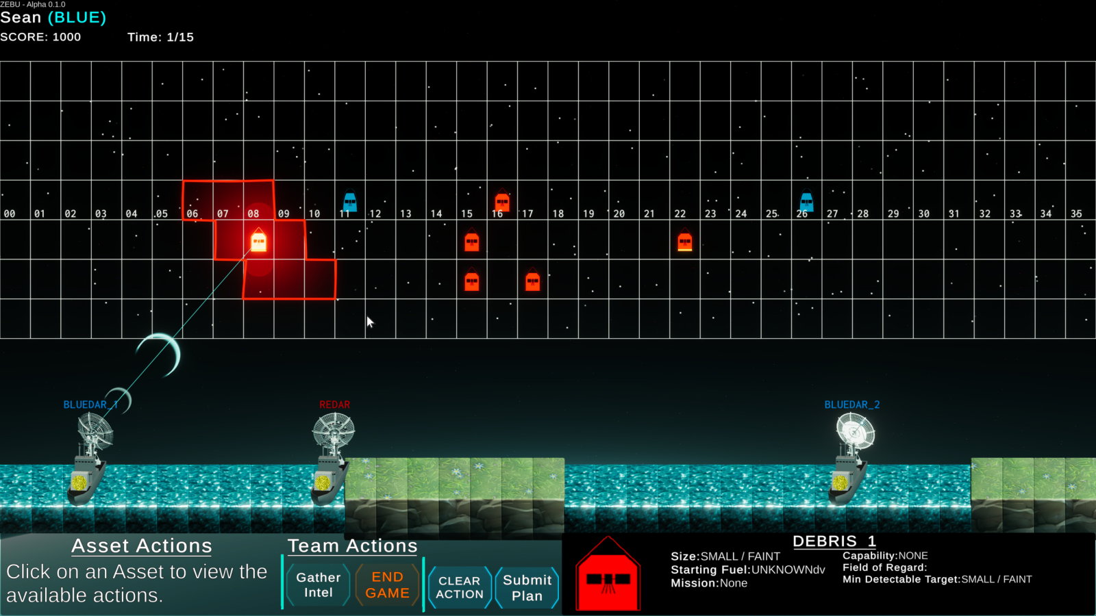 A screenshot of the game interface shows the blue team using a ground asset to analyze one of the red team's satellite's activity.  
