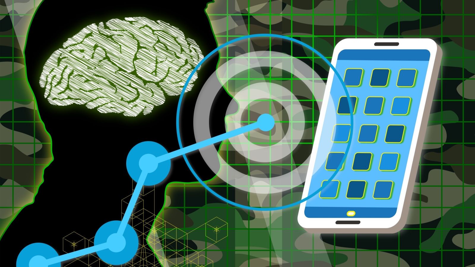 Illustration showing a silhouette of a head looking toward a smartphone. Touchphone and digital themes are present along with military camo colors in the background.