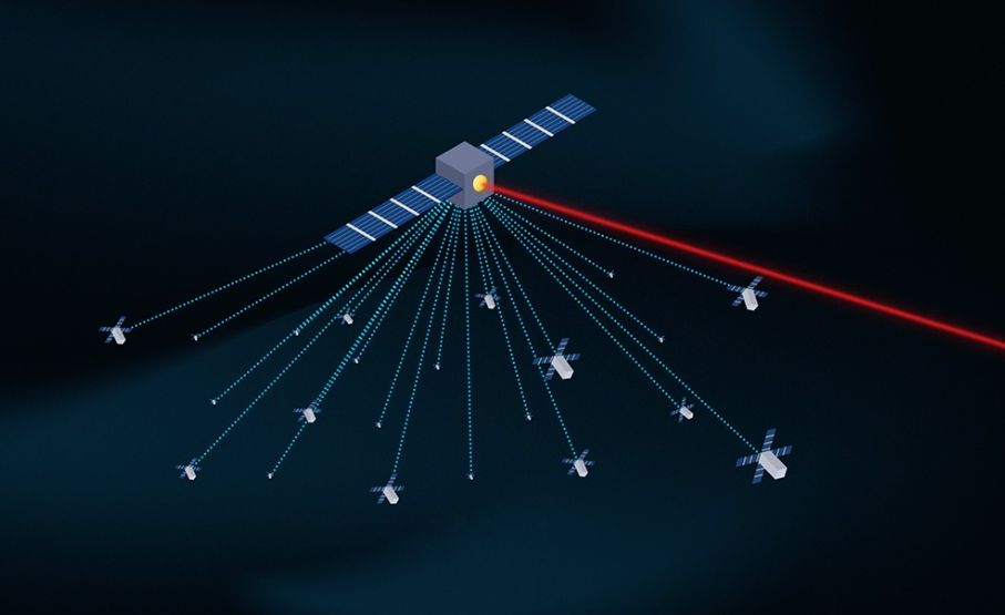 An illustration showing multiple small satellites nodes sending data to a larger node in space. 