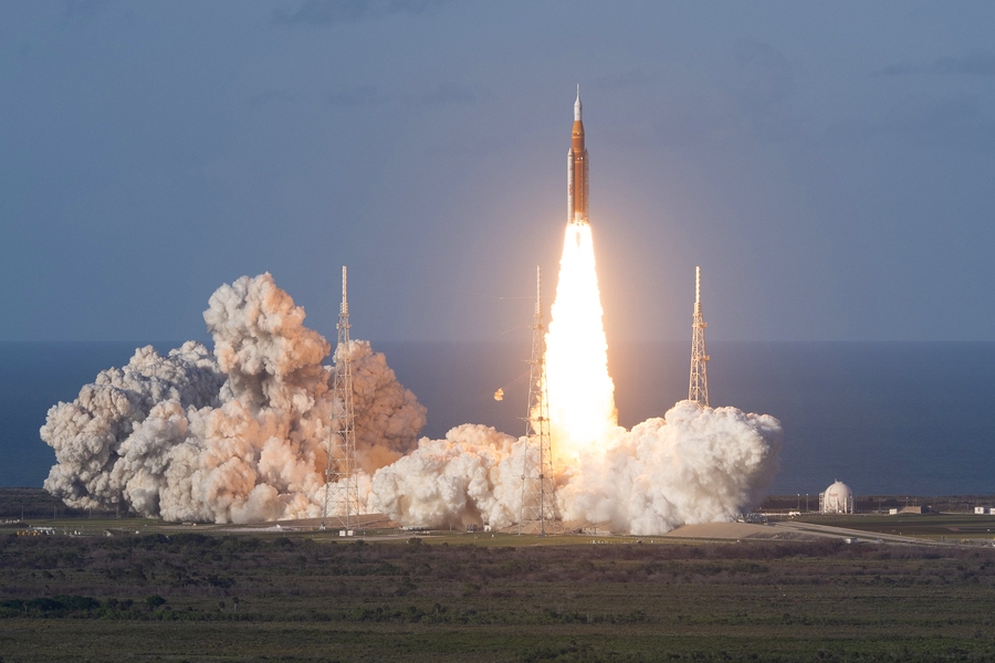 A spacecraft launches. 