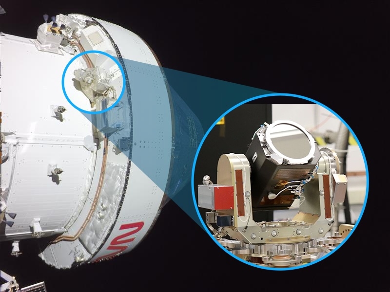 An image of a spacecraft with a callout image zooming in on a laser communications system on board the spacecraft.