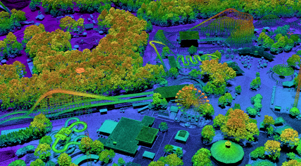 A lidar-generated 3D colored map shows structures at Kings Dominion amusement park in Virginia.