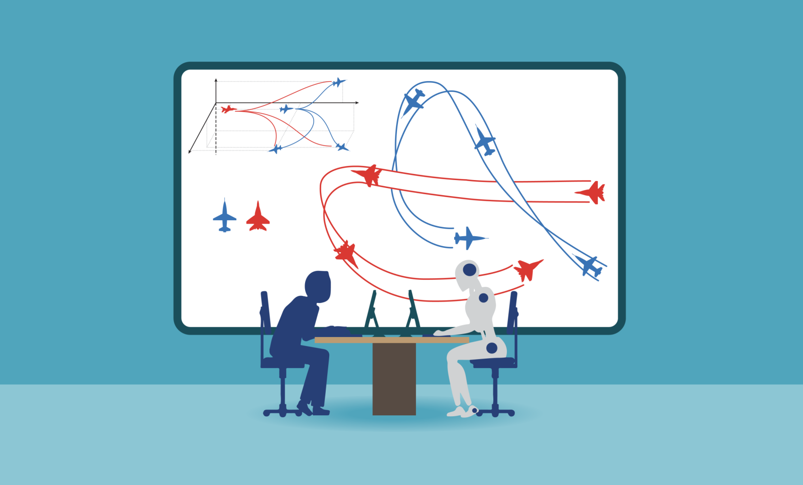 An illustration showing a human in blue and a humanoid robot meeting at a table with a red-blue teaming aircraft exercise on a whiteboard in the background. 