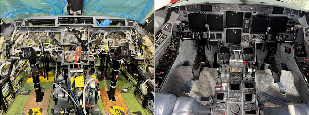 Side-by-side photos show a before and after of an aircraft cockpit disassembled and reassembled.
