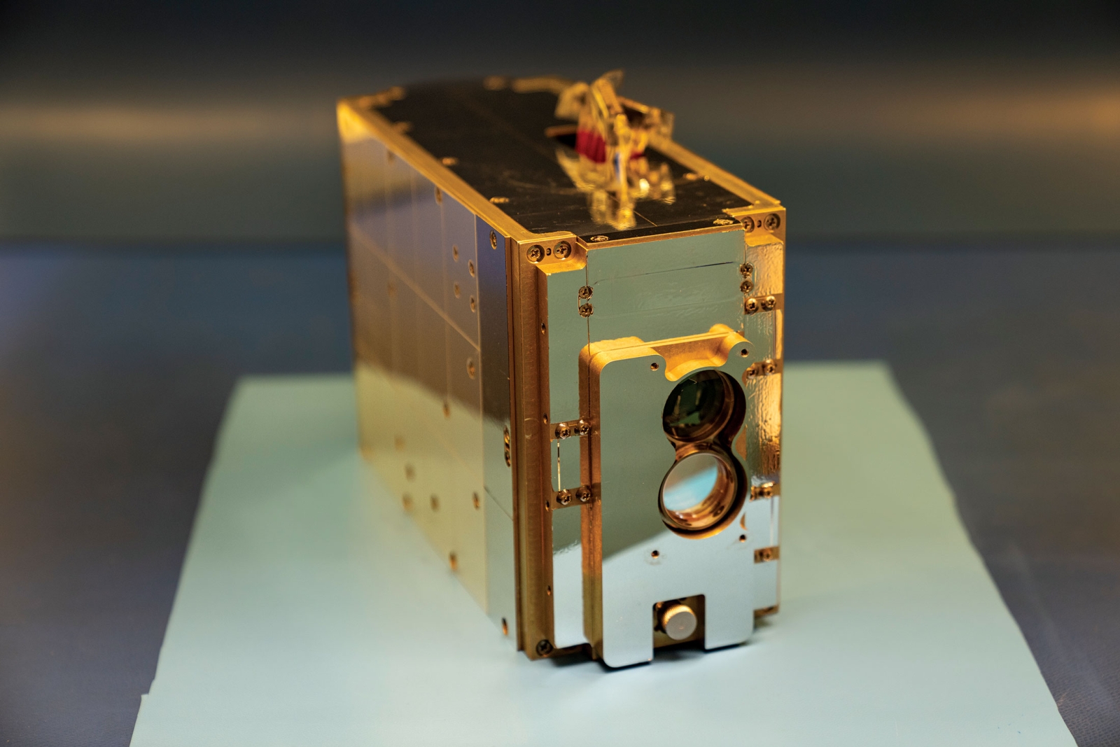 Photo of the TBIRD space terminal, which has two 100-Gbps optical transceivers for delivering high data volumes through the atmospheric link.