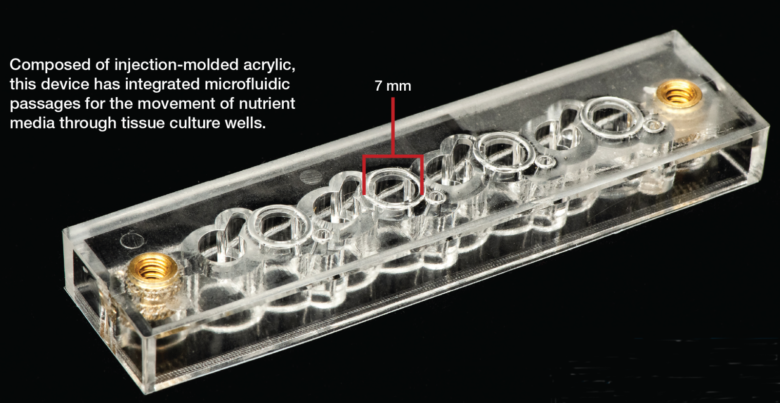 Photo of tissue-culture device with size of one well (7 mm) superimposed.