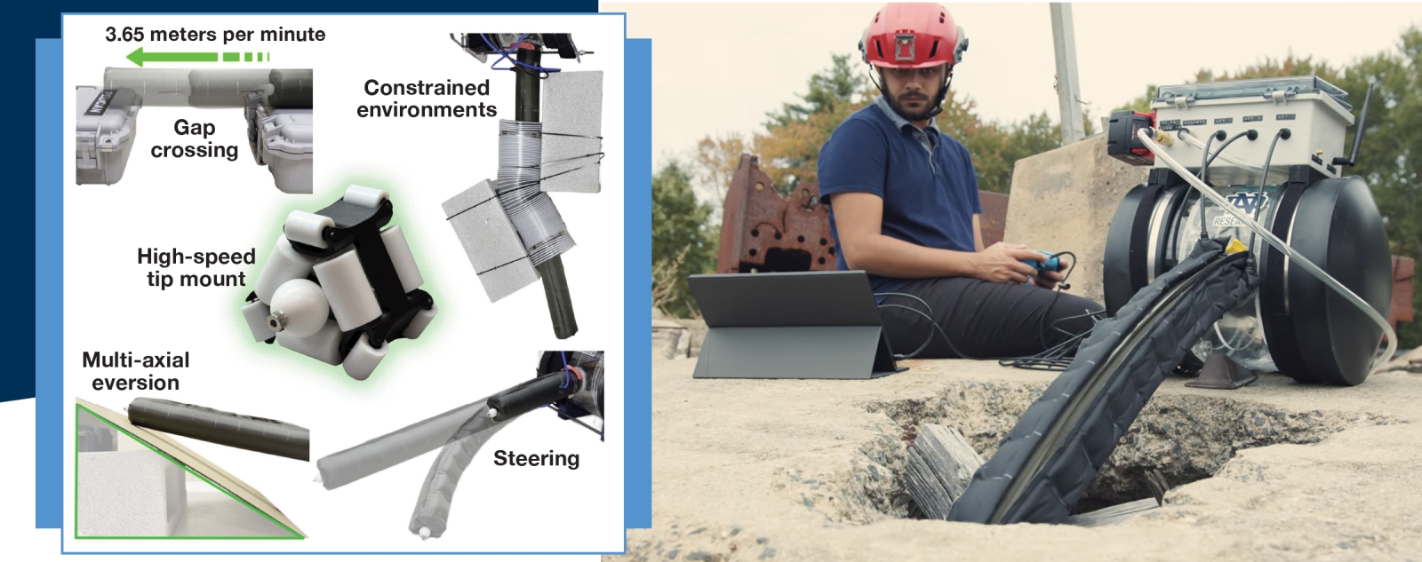 Photo on right shows an operator deploying a vine robot into a fissure, and at left are the components of the new tip design.
