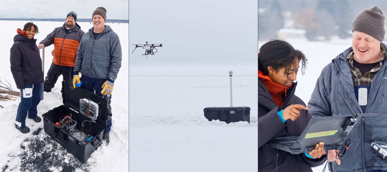 A series of three images showing Laboratory scientists testing a sensor on an iced-over lake.