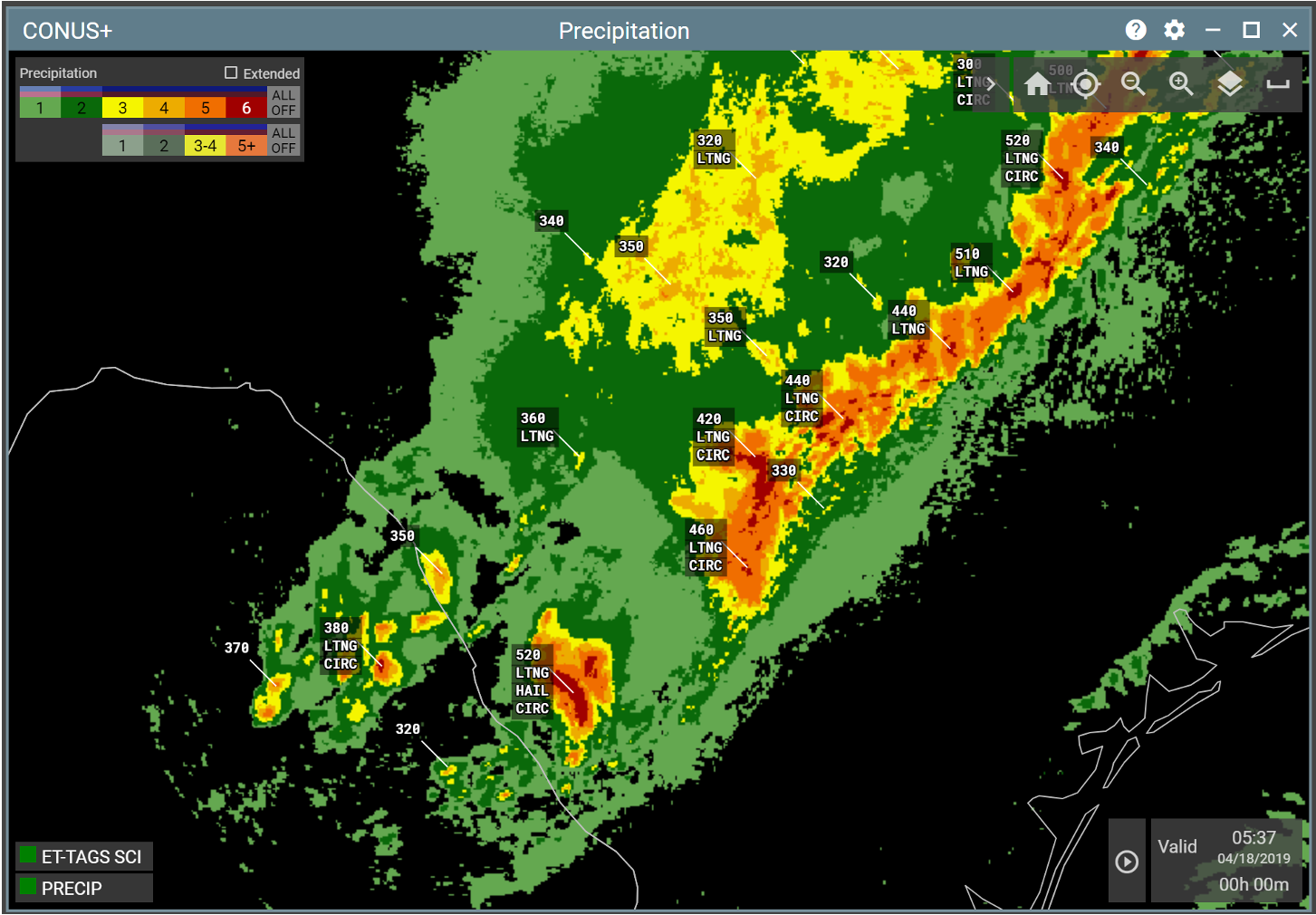 An image of the NWP interface. The image shows a storm colored on a scale from green to yellow to red to indicate storm-cell hazards.