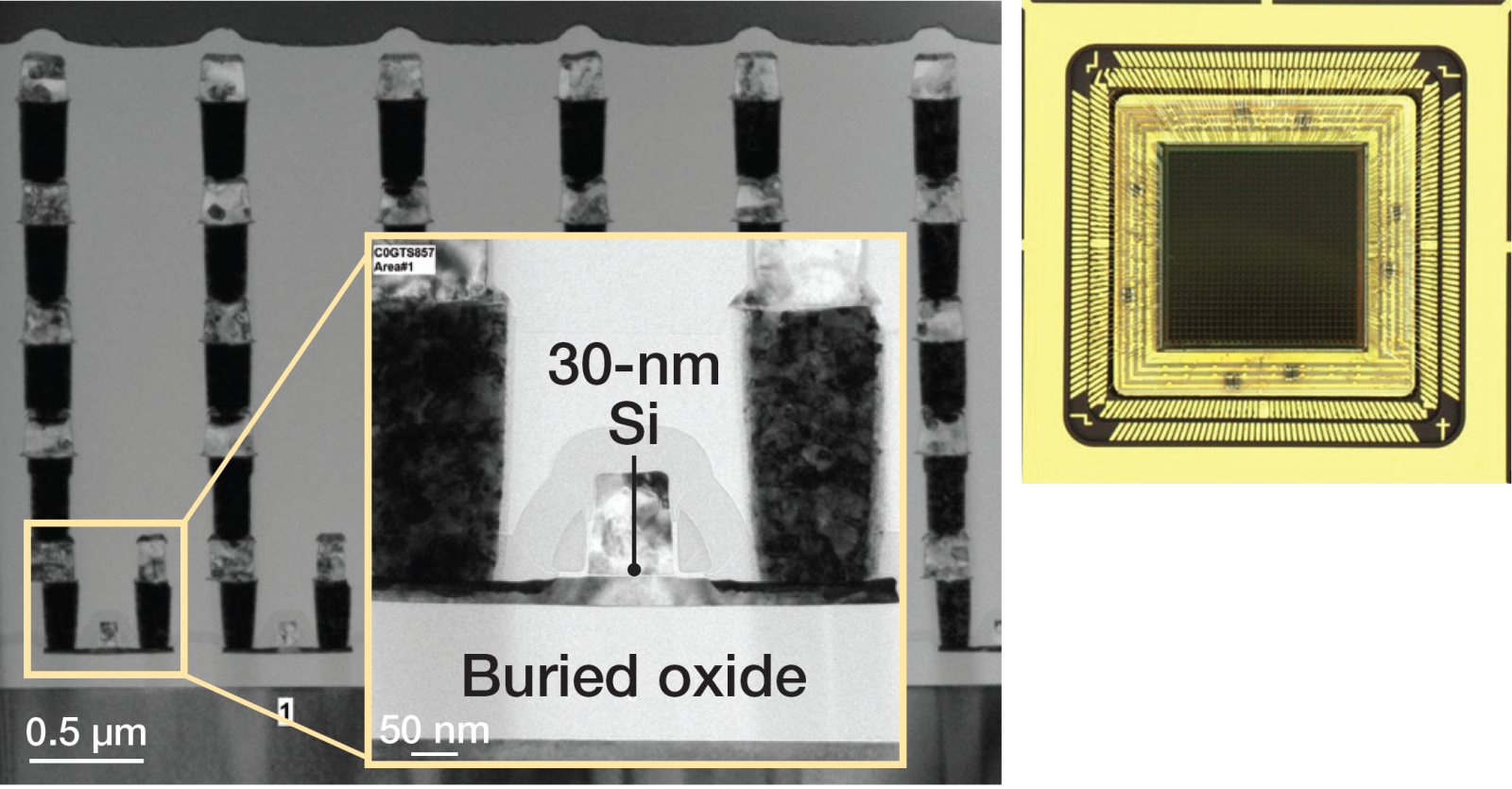 At left, TEM baseline FDSOI. At right, a double-row wirebonded circuit.