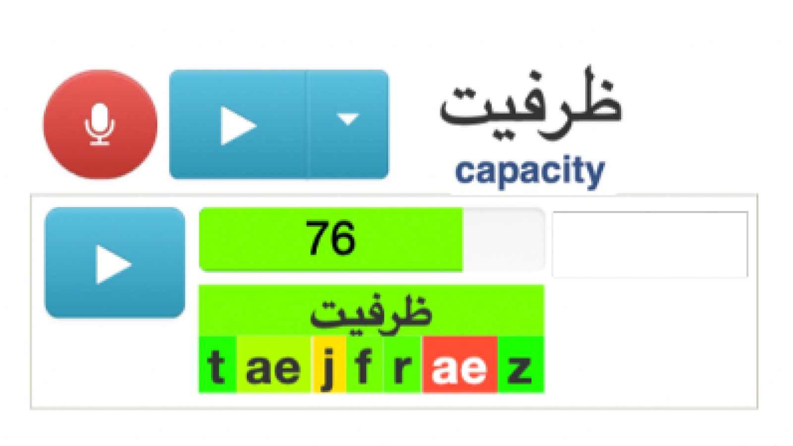 A screenshot of the NetProf mobile interface shows two words (the Farsi word for capacity, and the Ukranian word for self-defense), with each word broken down by phoneme. 