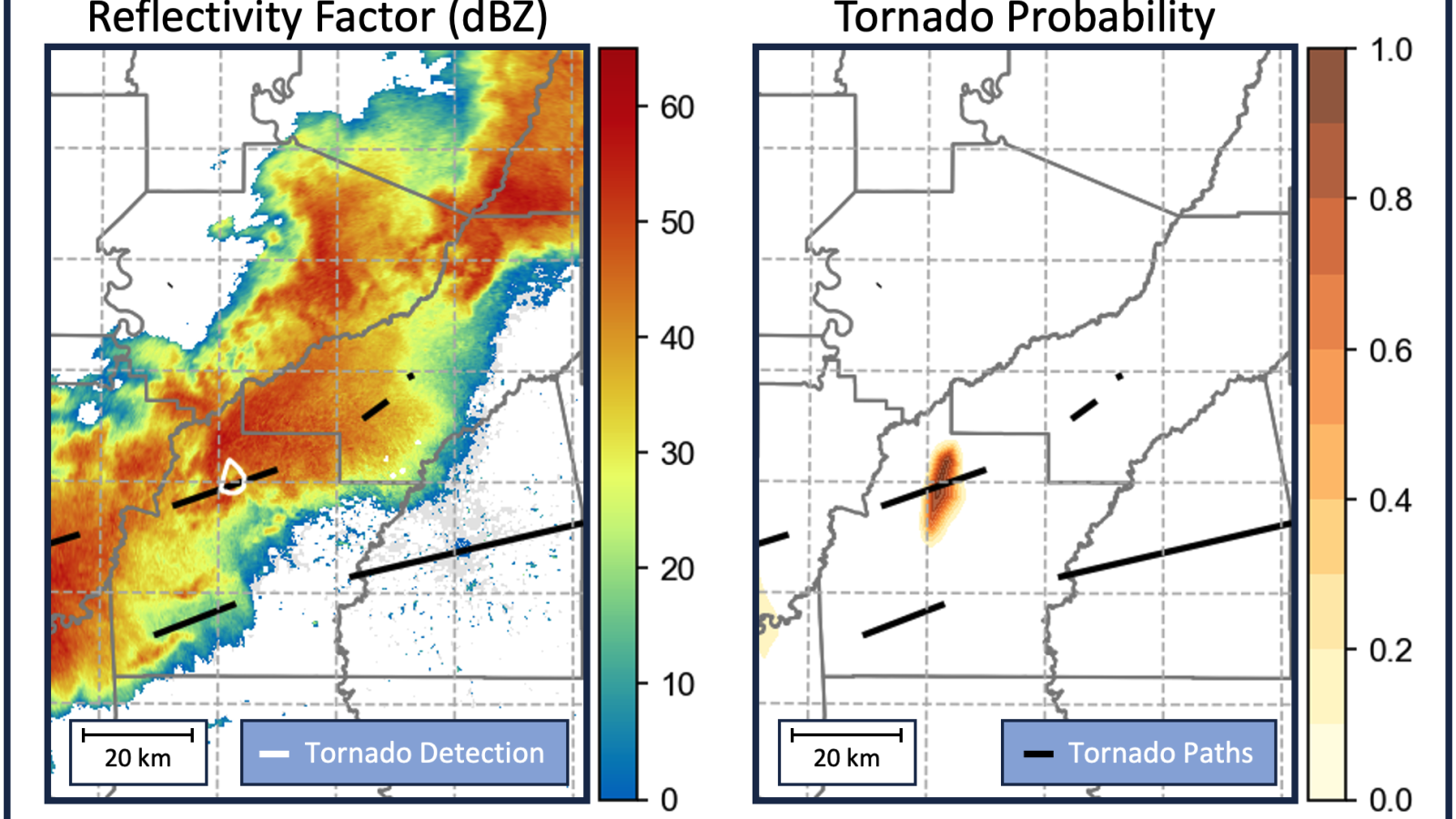 A photo show radar returns of a thunderstorm and black lines showing tornado paths.