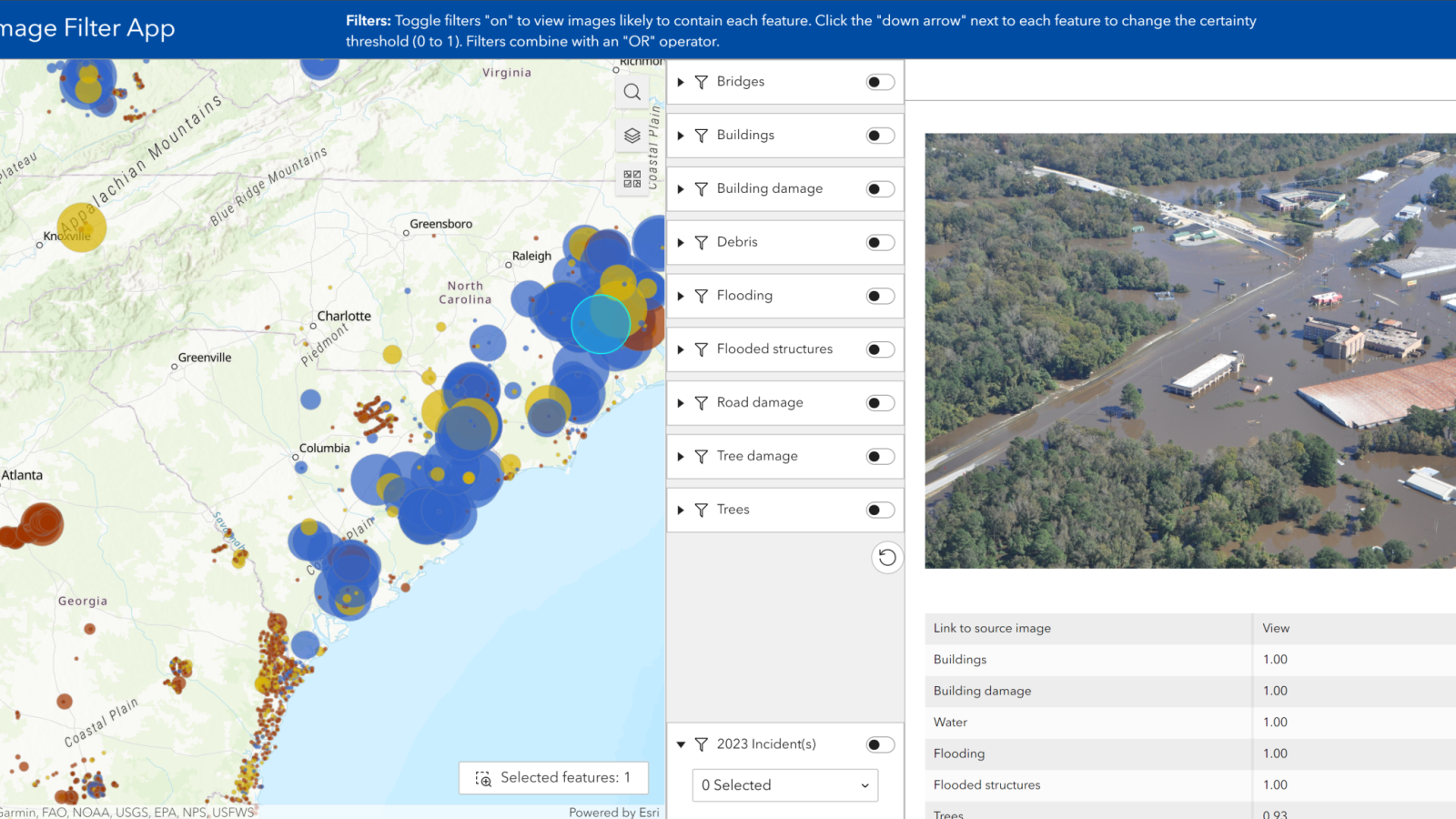 A web application of CAP images, hosted on ArcGIS, is annotated using LADI v2. Circle sizes and colors represent likelihood of damage and damage type, adjustable filters are in the middle, and the right shows a preview of a selected point.