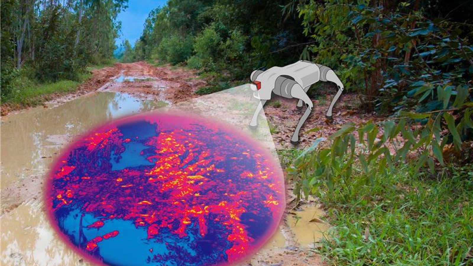 An illustration of a four-legged robot scanning a flooded muddy pathway in a forest. 
