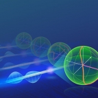 an illustration; blue background, a green sphere on the right-hand side, and then yellow and blue lines leading to the orb, representing electronic waveforms.