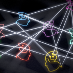 An illustration showing 11 "nodes" represented as outlines of human heads, of various colors (green, pink, red, blue). The nodes are connected by white lines, against a black background.