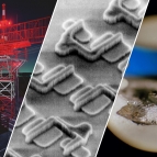 three photos: left shows an air traffic control radar; middle shows an SEM photo of microelectronic devices; and right shows a close-up of a laser.