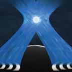 An artist's depiction of a glowing orb (trapped ion) held in place with laser beams.