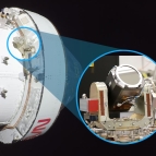 A NASA spacecraft with a callout to a laser communications system. 