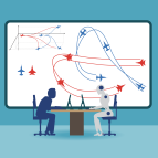 An illustration showing a human in blue and a humanoid robot meeting at a table with a red-blue teaming aircraft exercise on a whiteboard in the background. 
